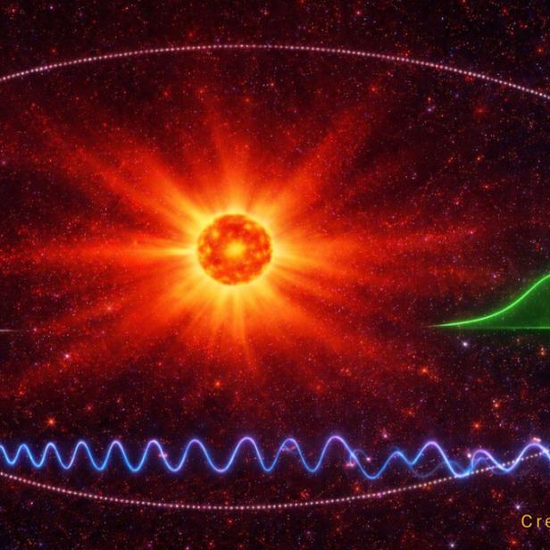 Ein außerirdisches Funksignal könnte als scharfe Spitze (weiß links) starten, aber durch Plasmawinde eines Sterns zu einem breiteren, schwächeren Signal (grün, rechts) verzerrt werden (Illustration).