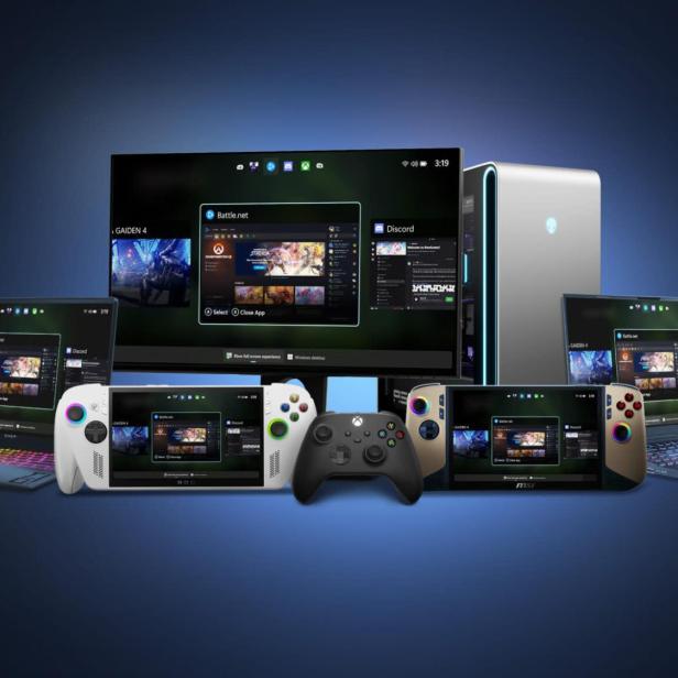Notebook, PC-Bildschirm und mehrere Handhelds zeigen einen Modus am Display, der wie von der Xbox-Konsole aussieht