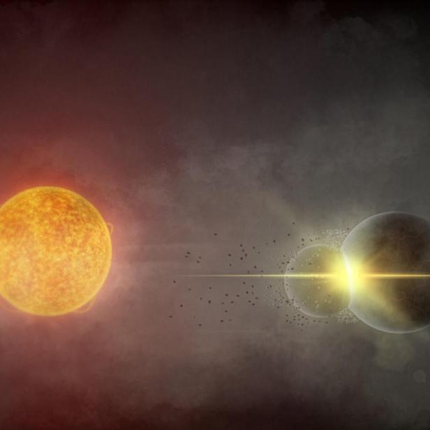 Eine leuchtende Sonne steht links, rechts davon ein Planet mit hellem Lichtstrahl und kleinen Trümmerteilen dazwischen.