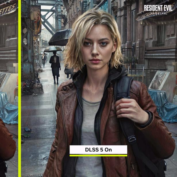 Vergleich einer Spielfigur aus Resident Evil mit deaktiviertem und aktiviertem DLSS 5.