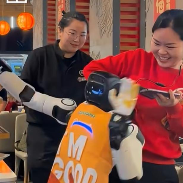 ein humanoider Roboter mit den Händen in der Luft wird von einer Frau im roten Pulli am kragen gepackt