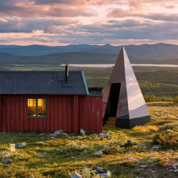 Rotes Holzhaus und eine moderne pyramidenförmige Struktur in hügeliger Landschaft bei Sonnenuntergang.