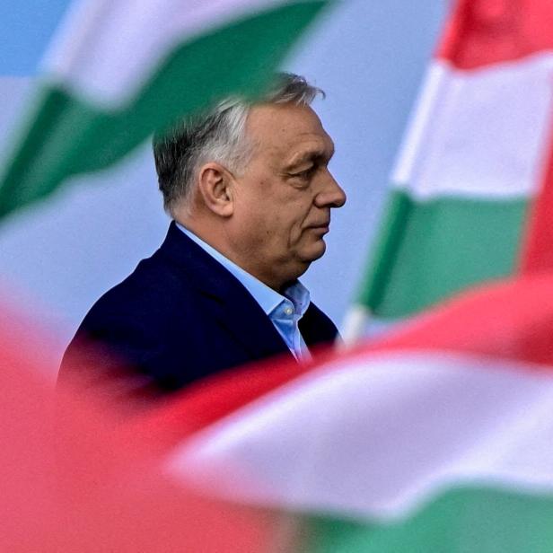 Viktor Orbán im Profil, umgeben von ungarischen Flaggen.