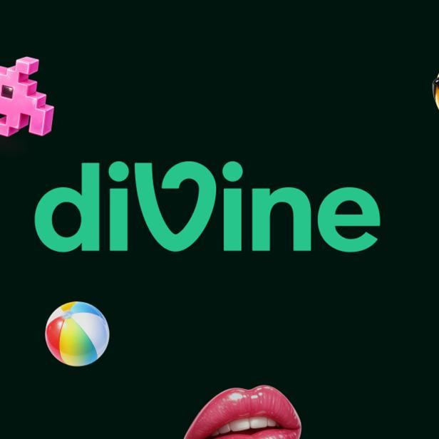 Divine-Logo, bunte Emojis und ein Smartphone mit geöffneter Divine-App und Kurzvideo.
