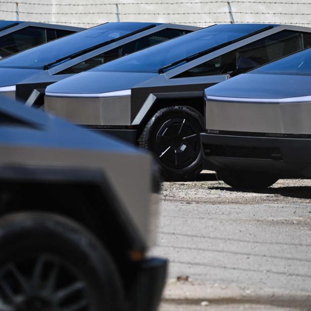 Mehrere Cybertruck stehen herum