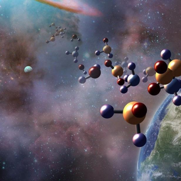 Die Symbolbild.Grafik zeigt Moleküle im Weltraum, im Hintergrund sind eine Galaxie und die Erde zu sehen