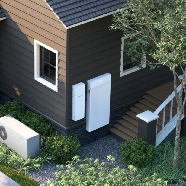 Rendering zeit Span-KI-Box an einer Hauswand. 