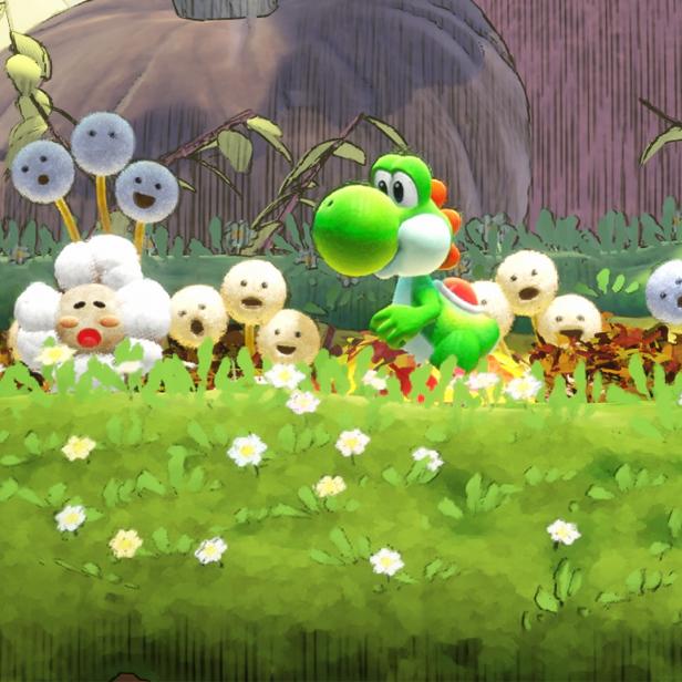 Der grüne Saurier Yoshi geht auf der Wiese spazieren