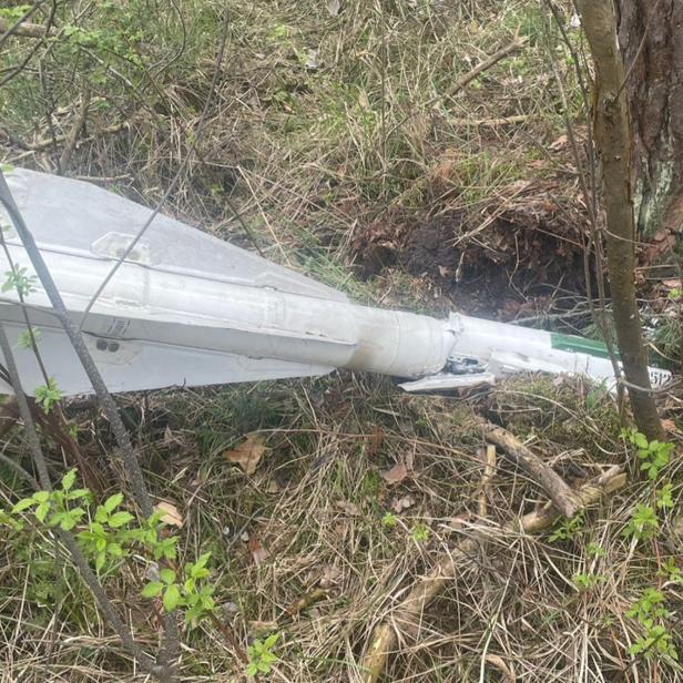 Raketentrümmer liegen im Gras und Gestrüpp neben einem Baum im Wald.