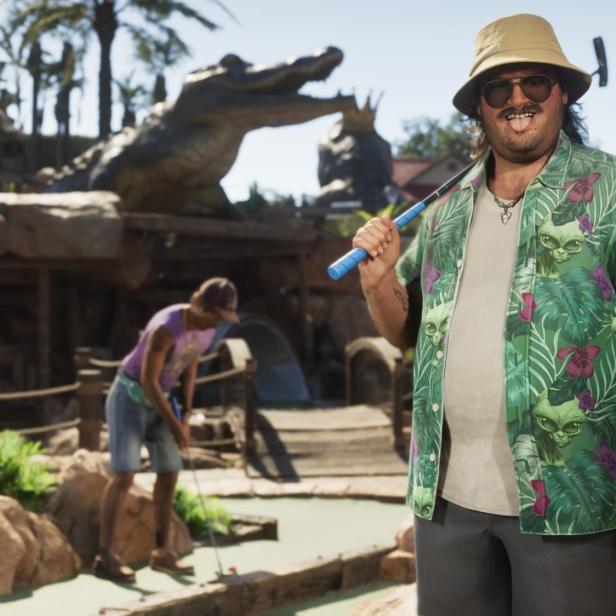 Die Figur Carl Hampton aus GTA 6 steht im Hawaiihemd vor einem Krokodil-Park