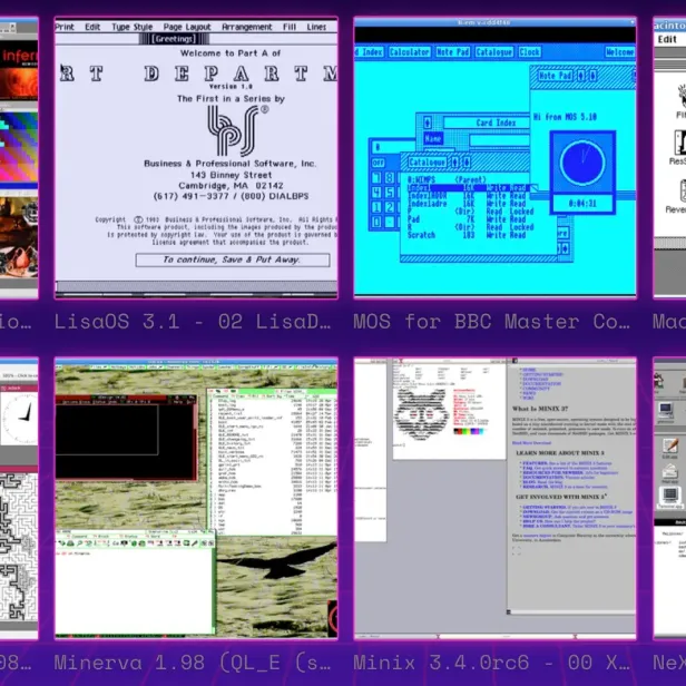 Mehrere historische Betriebssystem-Oberflächen in einer digitalen Übersicht nebeneinander dargestellt.