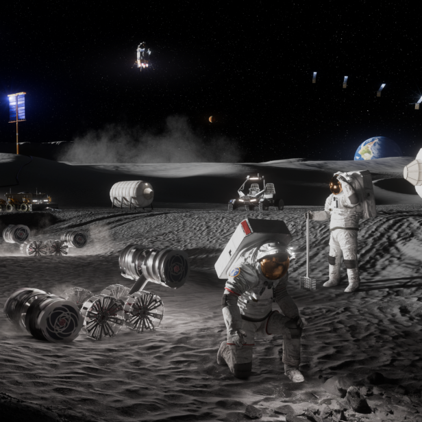 Künstlerische Darstellung einer NASA-Mondbasis mit zwei Astronauten im Vordergrund und Container-Häusern im Hintergrund 