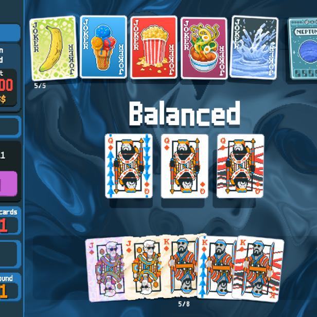 Oberfläche von Balatro, mit Karten verteilt über das Spielfeld, links eine Seitenleiste mit Punkten und Multiplikator.