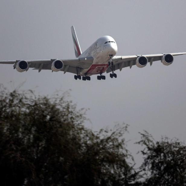 Ein großes Passagierflugzeug mit ausgefahrenem Fahrwerk fliegt niedrig über Bäumen im Anflug.
