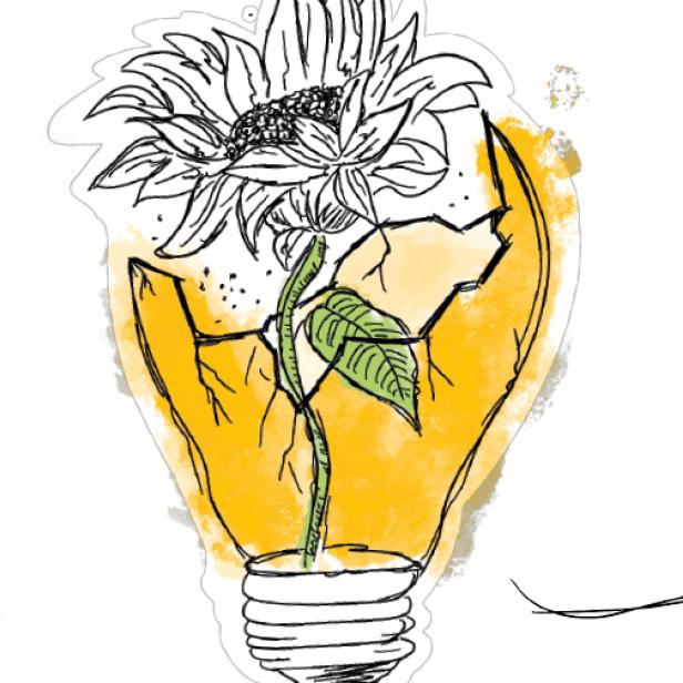 Eine gezeichnete Sonnenblume wächst aus einer zerbrochenen Glühbirne mit gelbem Hintergrund.