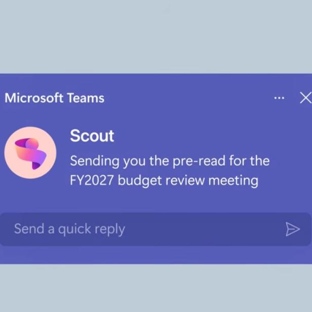 Microsoft Teams-Benachrichtigung von Scout mit Hinweis auf ein Budget-Meeting.