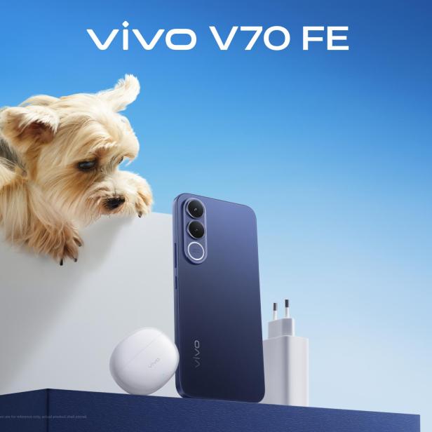 vivo V70FE mit Ladestecker und Kopfhörercase und einem Yorkshire Terrier der die Geräte ansieht