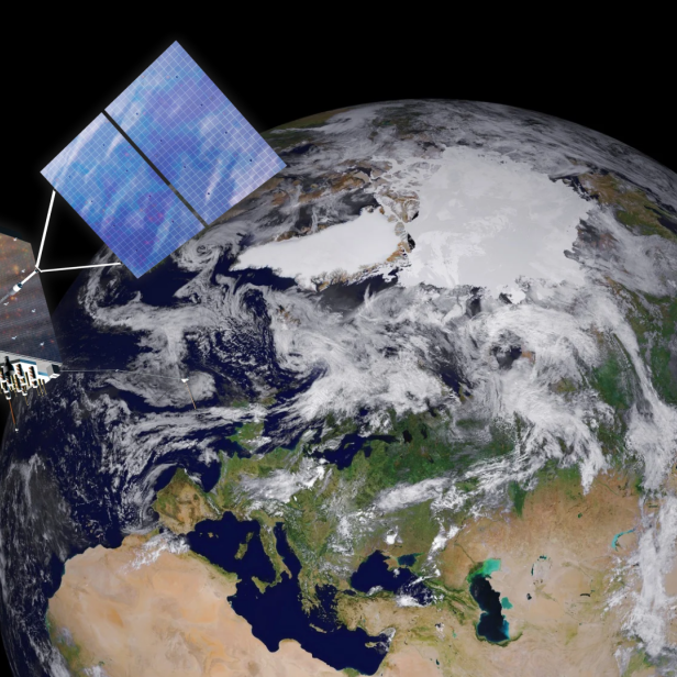 GPS Satellit (Block 3) über Europa (Fotomontage)