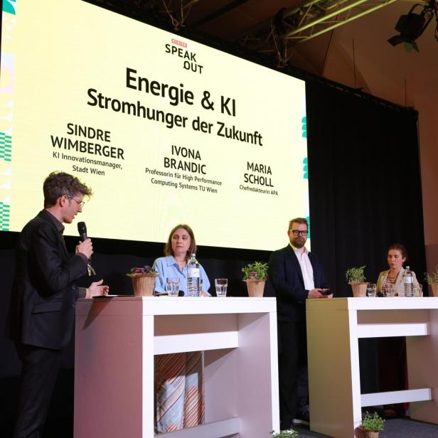Vier Personen diskutieren auf einer Bühne zum Thema Energie und Künstliche Intelligenz, eine Person moderiert.