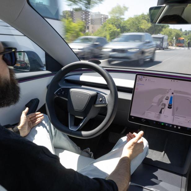Mann sitzt in einem Tesla und blickt auf die Straße, während das Autopilot-Display die Fahrt anzeigt.