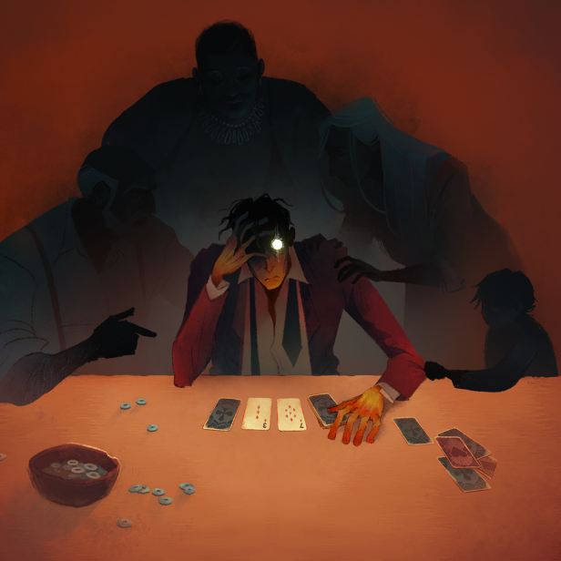 Illustration eines nachdenklichen Spielers am Tisch, umgeben von schemenhaften Figuren.