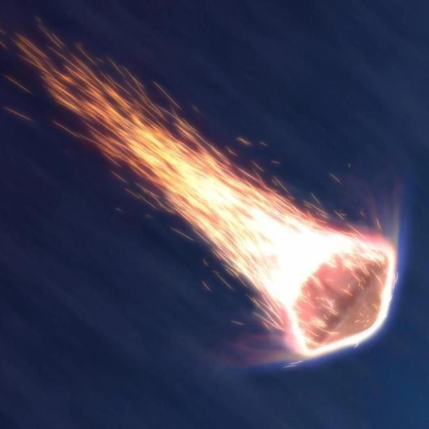 Künstlerische Darstellung einer Fracht-Kapsel, die beim Wiedereintritt in die Erdatmosphäre glüht und in Feuer gehüllt ist