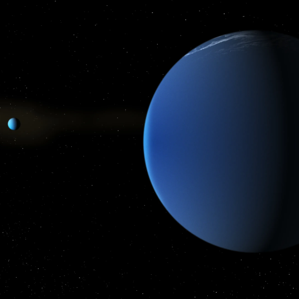 Grafische Darstellung vom Weltraum mit einem blauen Planeten im Vordergrund und einer Sonne und einem 2. Planeten im Hintergrund