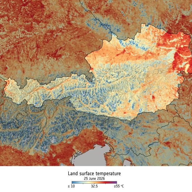 Karte der Landoberflächentemperaturen am 25.06.2026