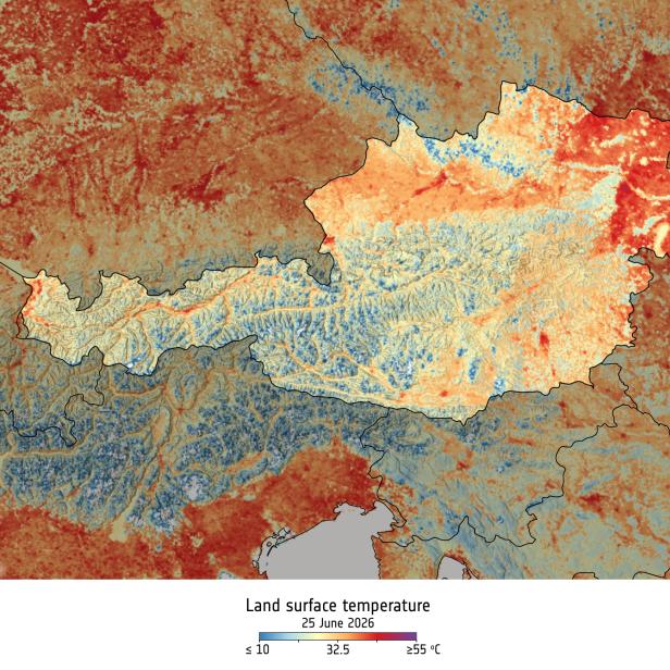 Karte der Landoberflächentemperaturen am 25.06.2026
