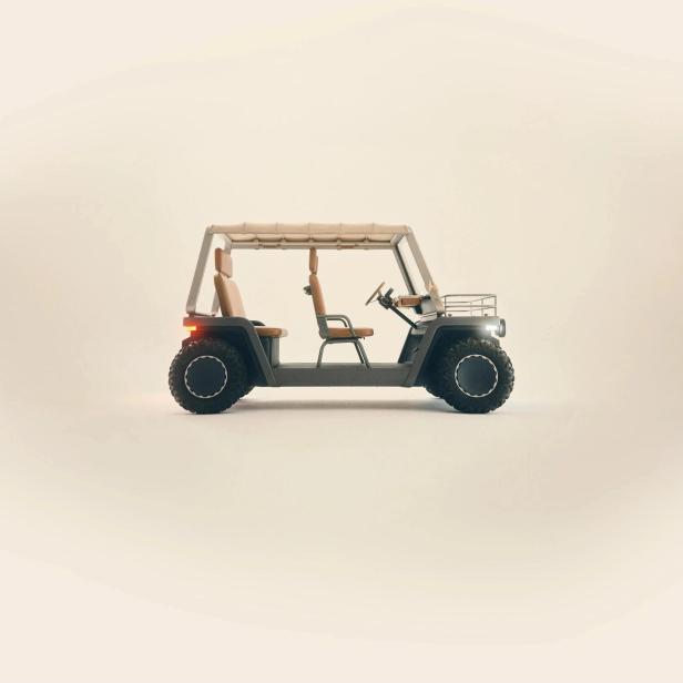 Grüner Elektrobuggy vor beschem Hintergrund