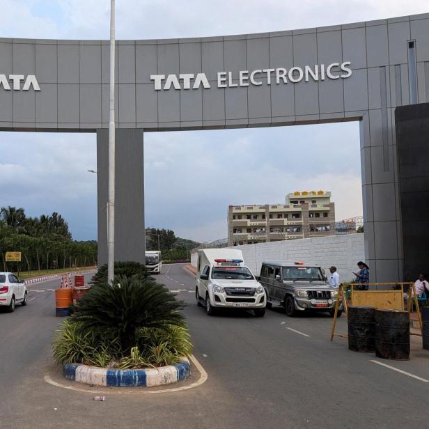 FILE PHOTO: Tata iPhone component plant entrance in Hosur, Tamil Nadu