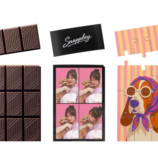 Mehrteilige Collage mit Schokoladentafeln, Snapplay-Logo und zwei bunten Puzzle-Motiven.