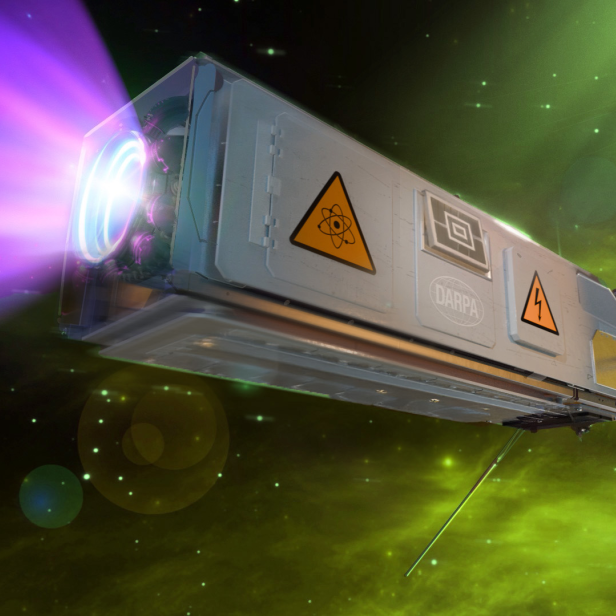 Grafische Darstellung eines Satelliten im Weltall mit Atomantrieb