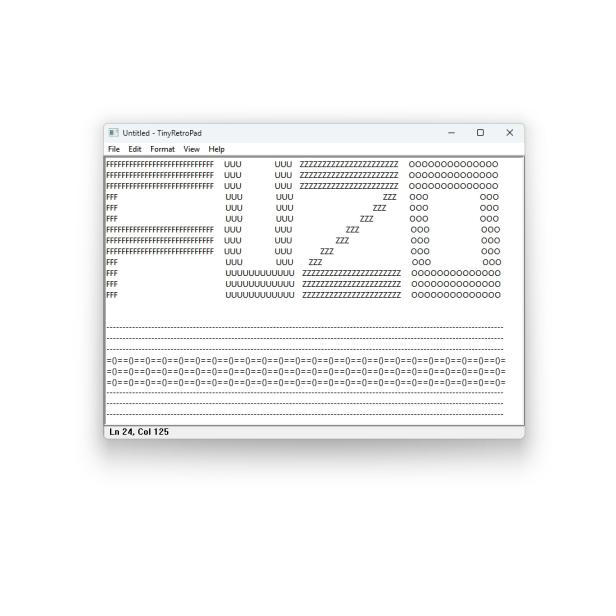 TinyRetroPad-Fenster mit ASCII-Kunst und Menüleiste.