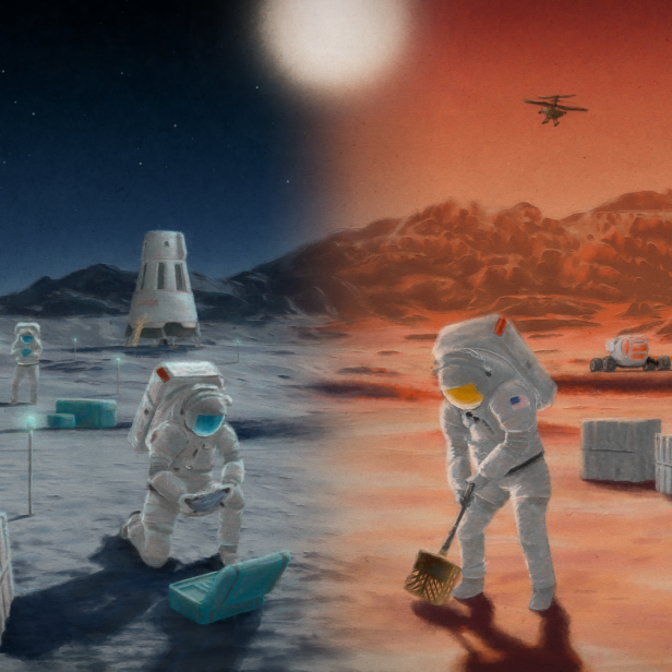 Zwei Astronauten arbeiten auf einer Station. Das Bild ist zweigeteilt, rechts sieht man eine Marsbasis, links eine Mondbasis