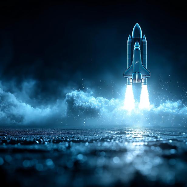 Illustration eines startenden Space Shuttles vor dunklem Himmel.