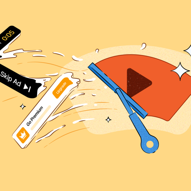 Ein Scheibenwischer säubert ein Youtube-Logo, Blaken mit der Aufschrift "Werbung" werden davon weggeschleudert