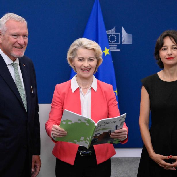 3 Personen stehen vor einer EU-Flagge: Jörg M. Fegert, Ursula von der Leyen und Maria Melchior (französisches Institut für Gesundheit und medizinische Forschung)