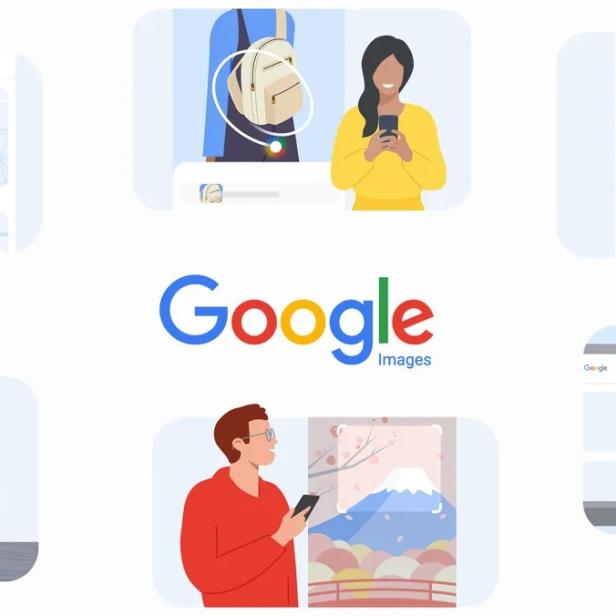 Google-Images-Logo mit Illustrationen zur neuen Bildersuche und Sammlung.