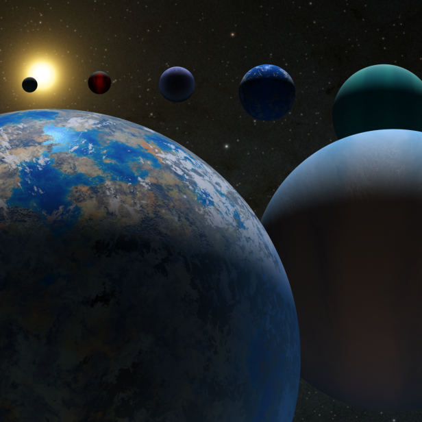 Mehrere Exoplaneten und die Erde vor einem Sternenhintergrund, als Illustration zur Suche nach Leben im All.