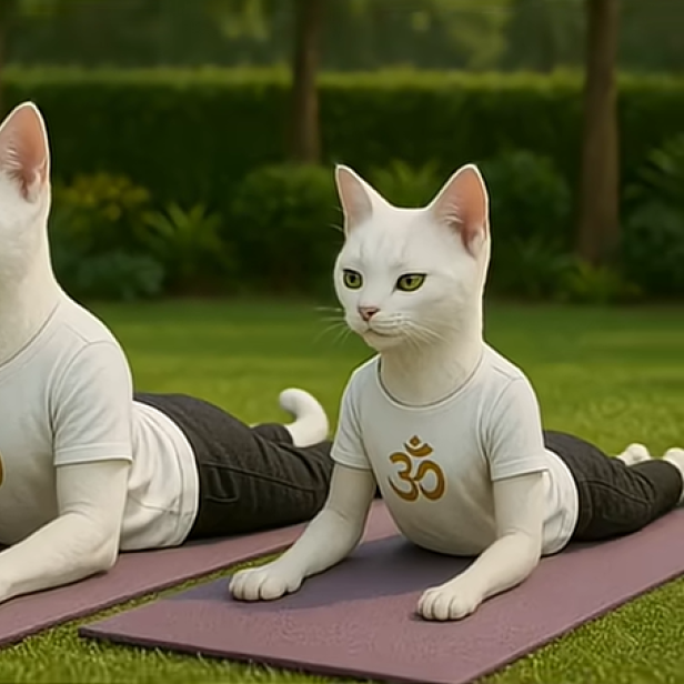 Zwei künstliche Katzen auf Yogamatten im Freien.