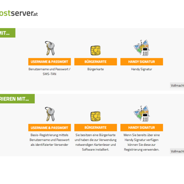 Die Registrierung für ein Konto auf Postserver.at ist auf drei verschiedenen Wegen möglich. Abhängig davon erhält der Benutzer Zugang zu bestimmten Vertrauensstufen.