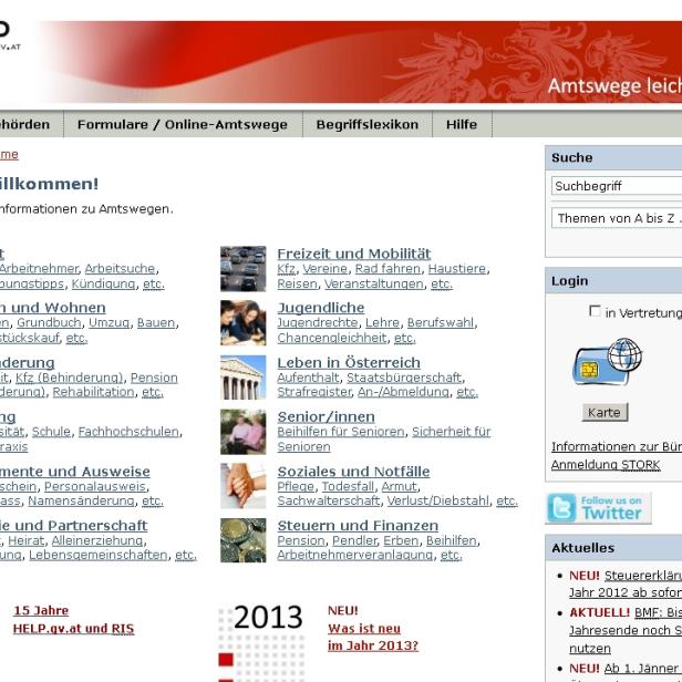 Die Startseite von HELP.gv.at, einem österreichischen Online-Portal für Amtswege.