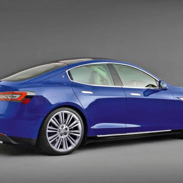 Ein blaues Tesla Model S, von hinten und der Seite aufgenommen.