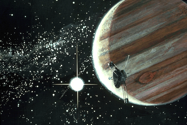 Künstlerische Darstellung der Pioneer 10 vor dem Jupiter